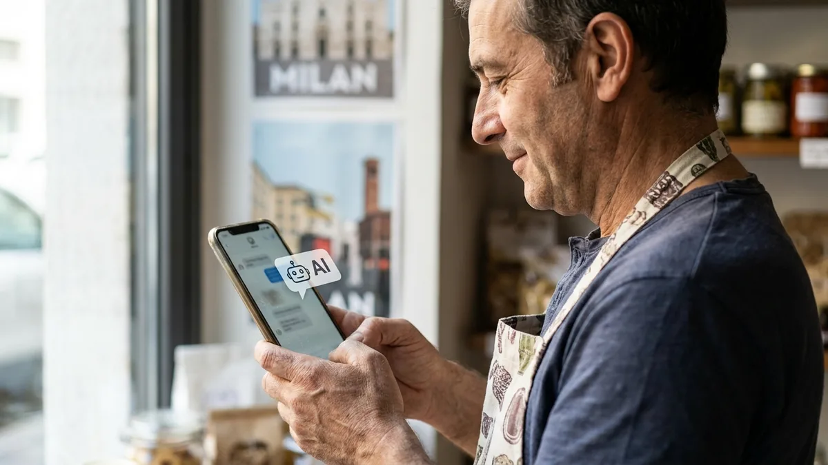 Titolare di una PMI controlla la visibilità della sua attività su un chatbot AI