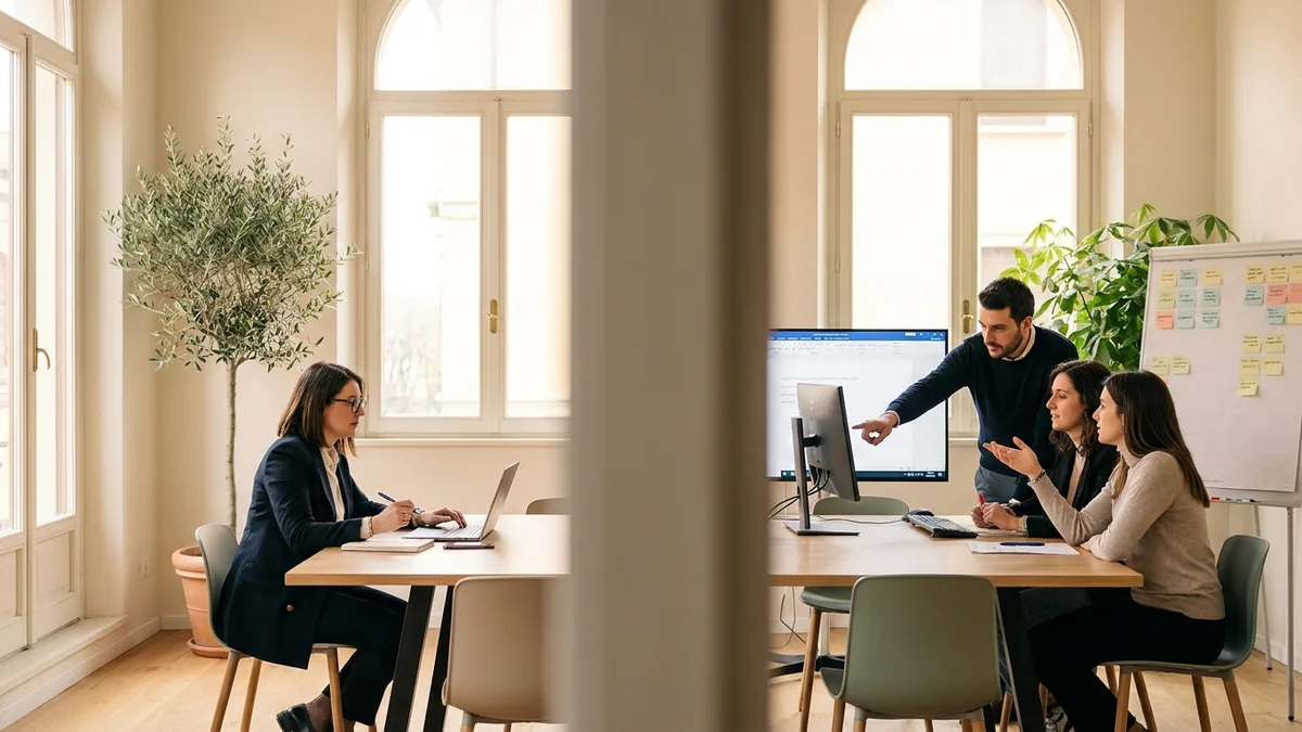 Consulente SEO freelance a confronto con un team di agenzia in ufficio
