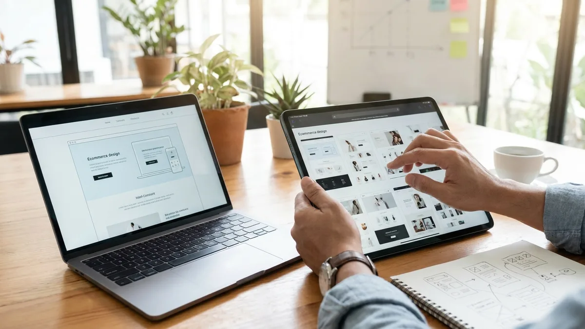 Confronto tra diverse piattaforme ecommerce su tablet e laptop in coworking