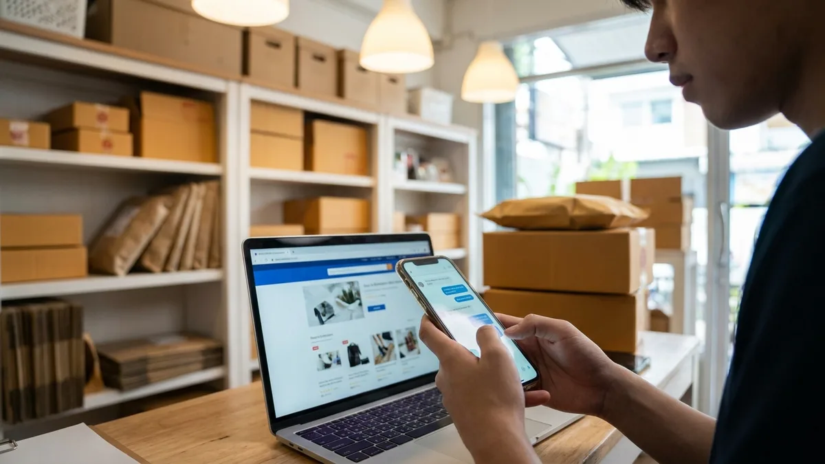 Chat AI e piattaforma ecommerce a confronto su smartphone e laptop in negozio