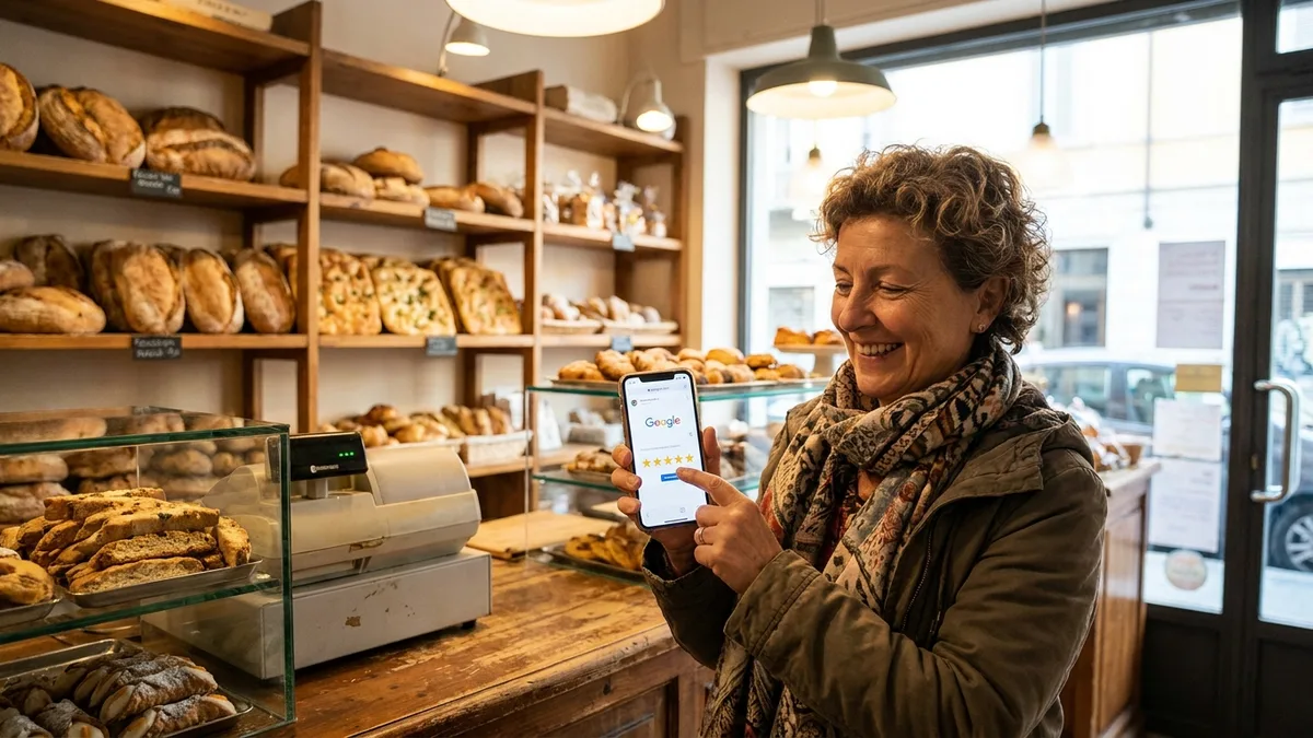 Cliente lascia una recensione a 5 stelle da smartphone in un panificio