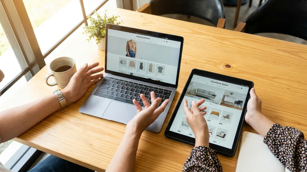 Due persone confrontano piattaforme per aprire ecommerce su laptop e tablet