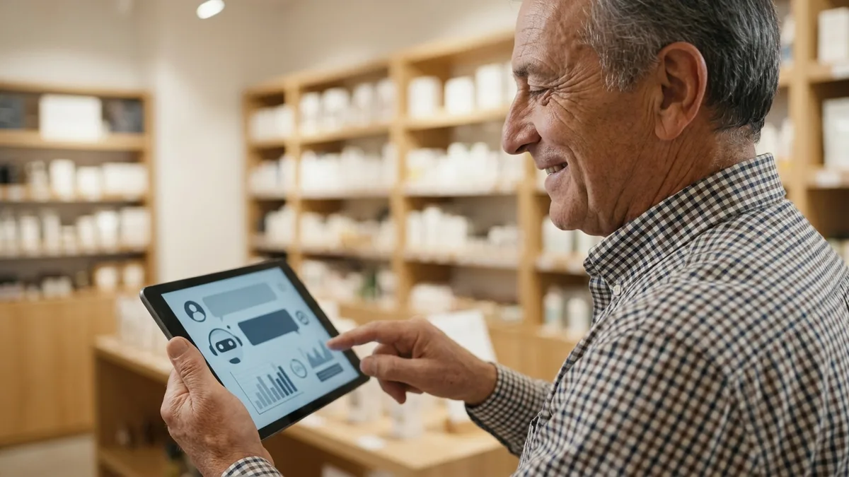 Negoziante controlla la visibilità delle vendite online su un'app AI